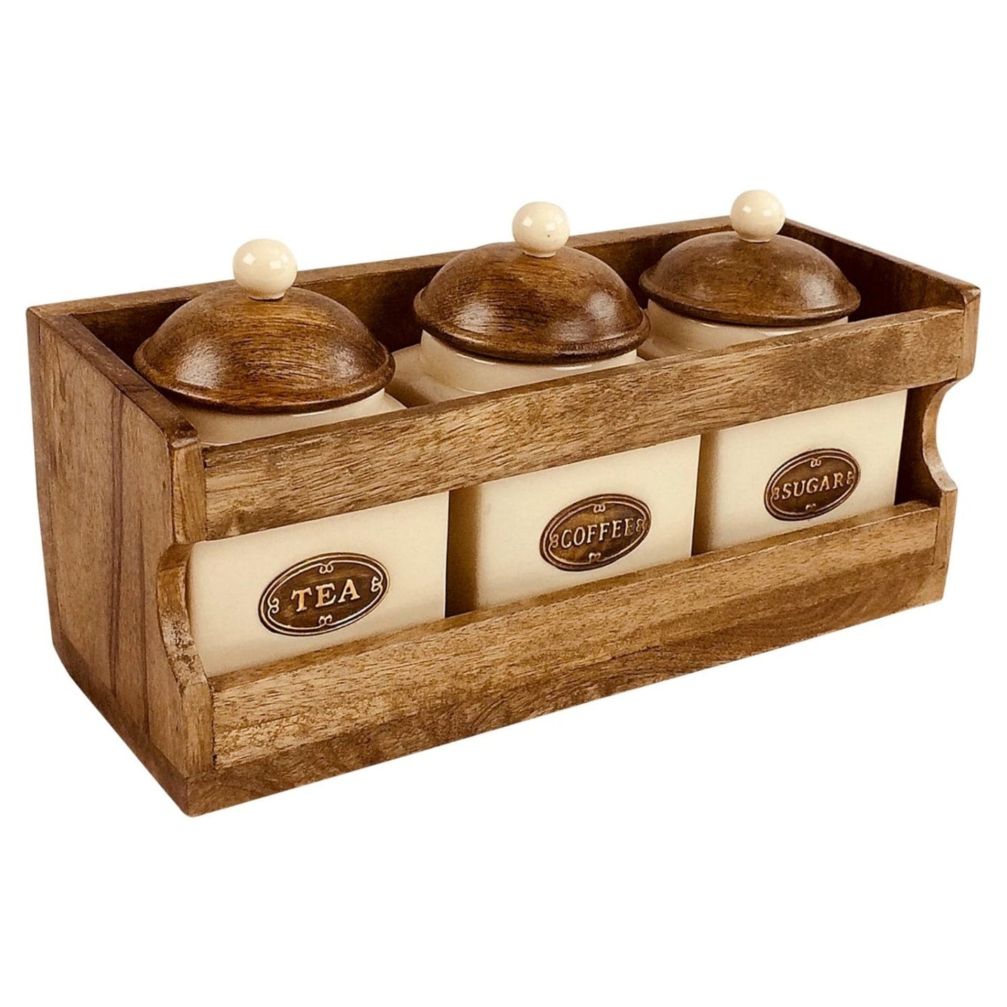 Ceramic Coffee Tea Sugar Jars Cream Airtight Lids Brown Wooden Rack Kitchen