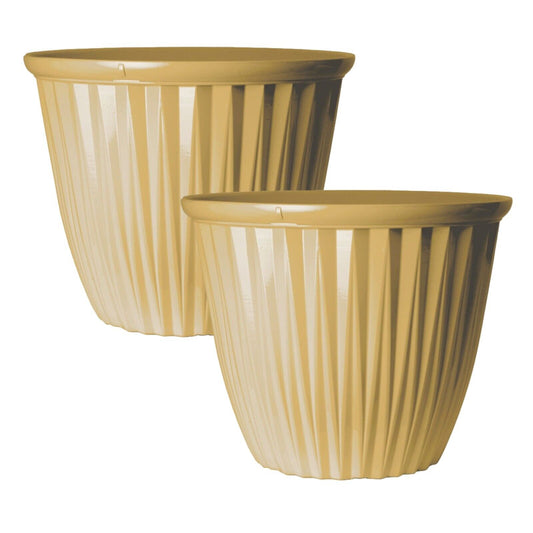 2Pc Round Plastic Yellow Plant Pot 38cm Outdoor 22L Garden Planter Glossy Effect