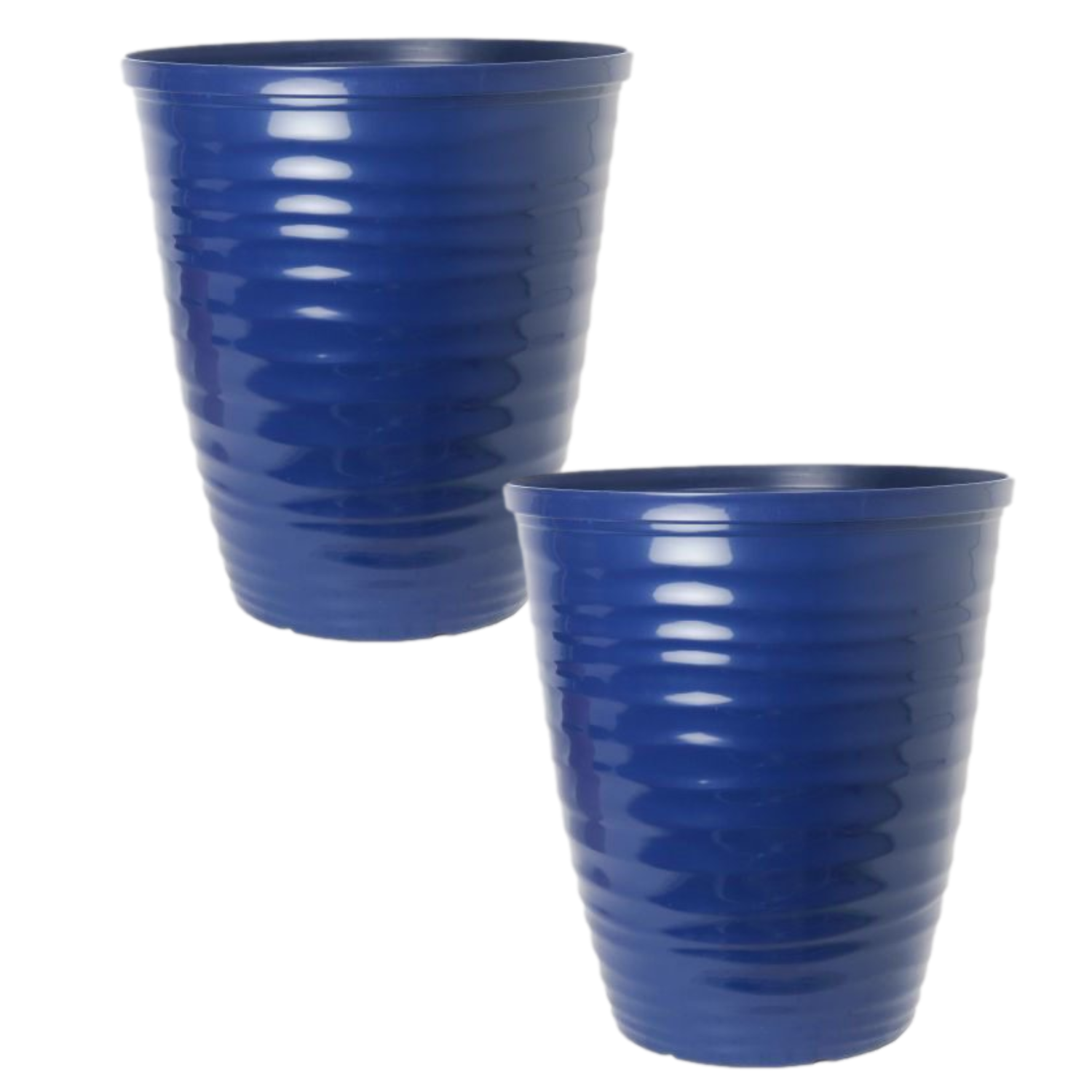 Planters Set of 2 Gloss Navy Blue Plastic Plant Pot 28cm Tall Round 12L Garden