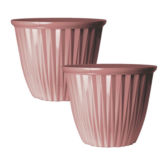2Pc Round Plastic Pink Plant Pot 38cm Outdoor 22L Garden Planter Glossy Effect