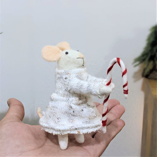 12cm Christmas Mouse with Candy Cane Freestanding Wool Christmas Figurine Decor
