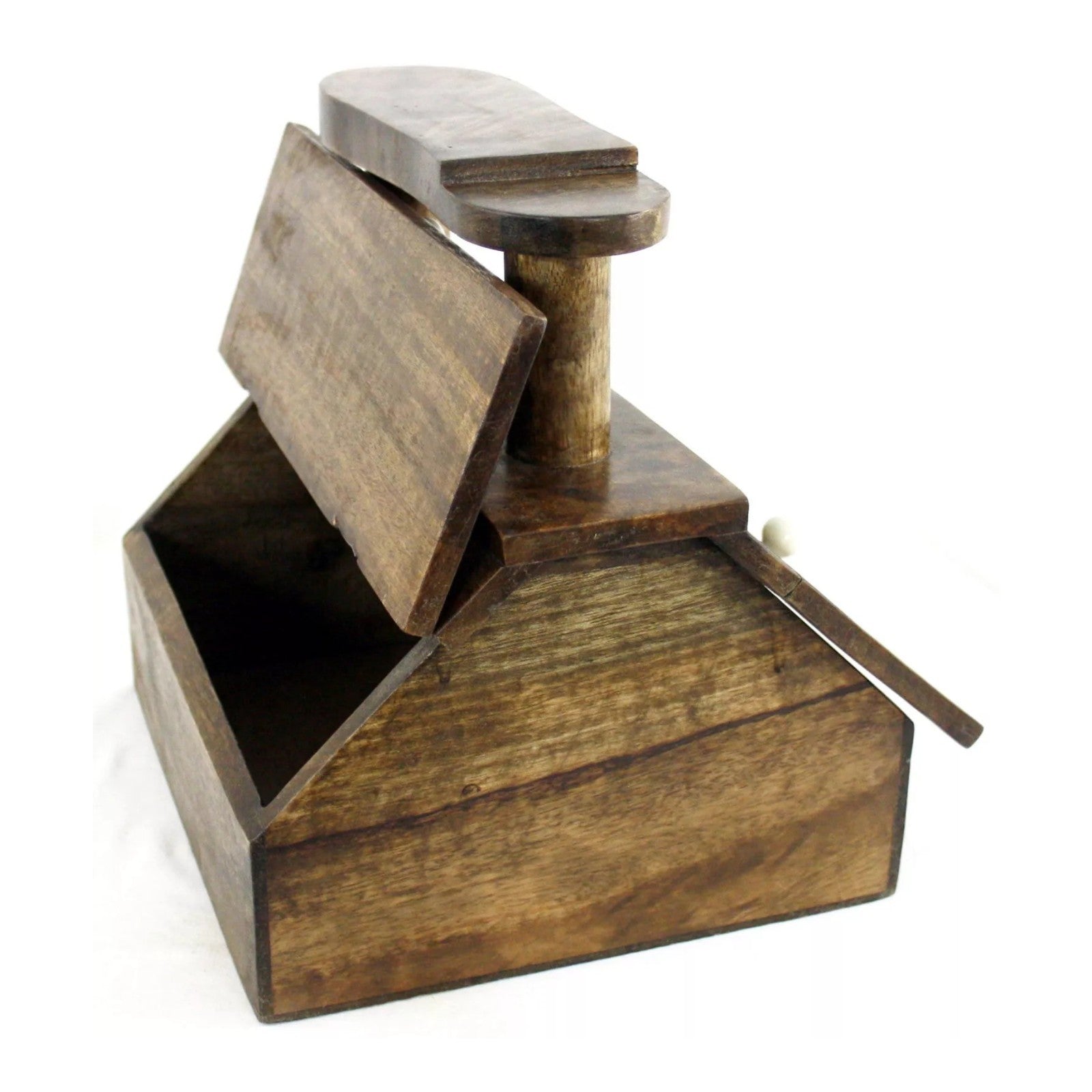 Brown Shoe Shine Cabinet with Handle Solid Mango Wood Lidded Storage Shoe Polish