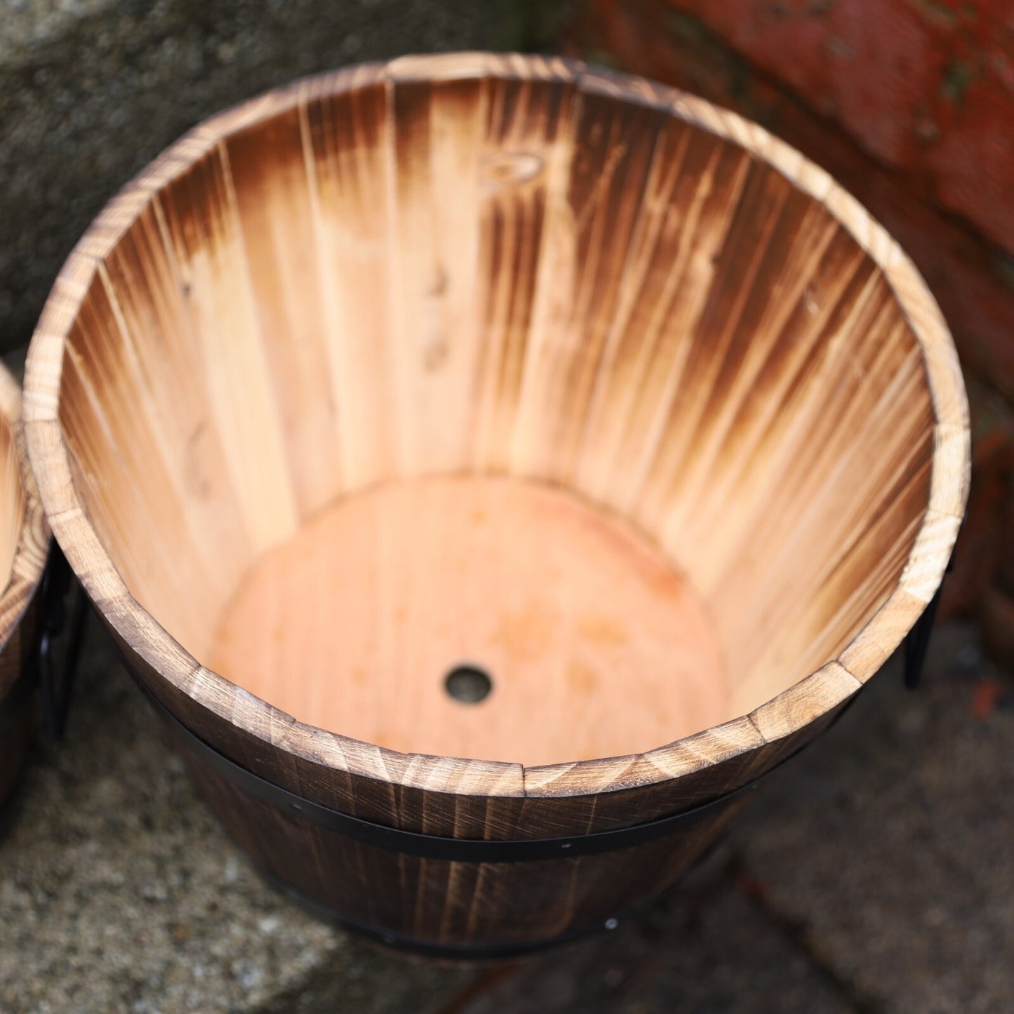 Round Wooden Barrel Planter 28cm Garden Pot with Metal Handles Band Outdoor Tub