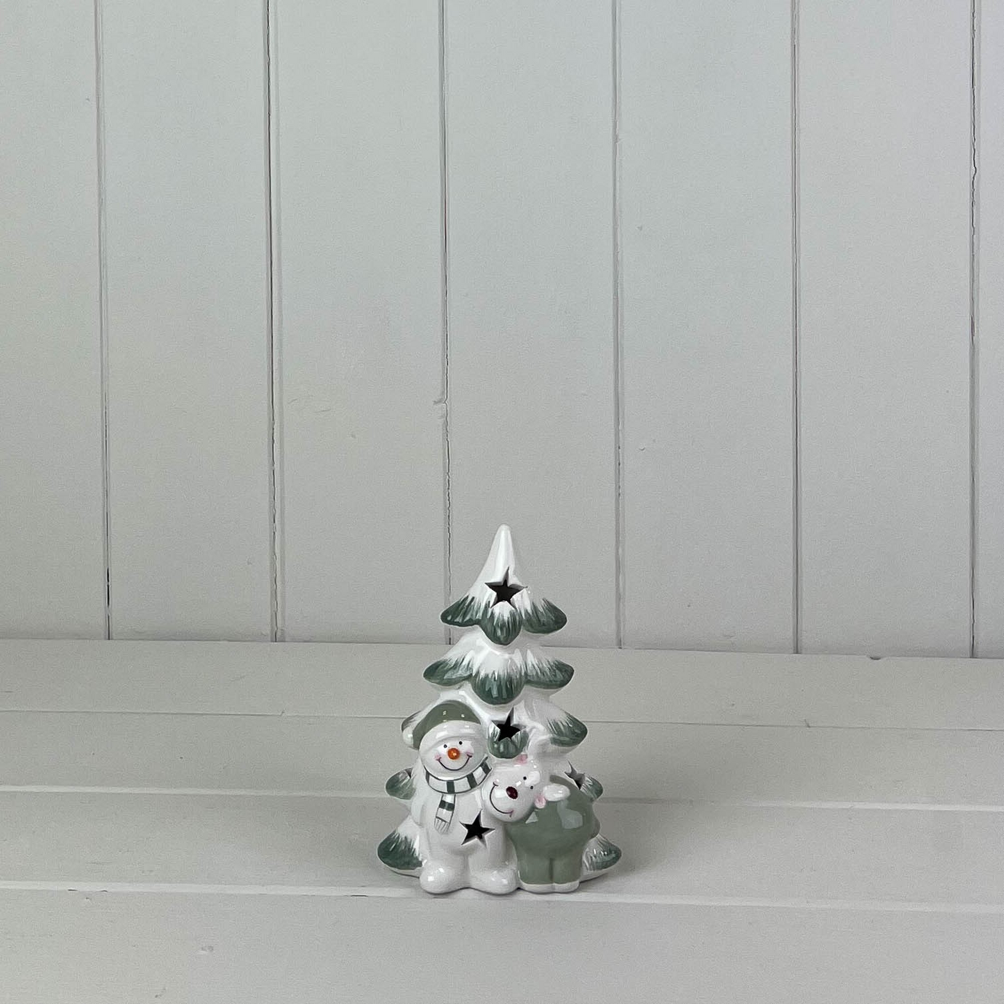 Green/White Ceramic Tree with Snowman and Reindeer Decoration with LED