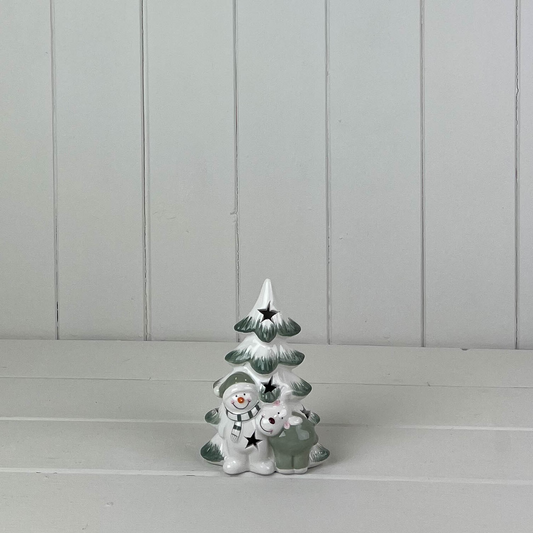 Green/White Ceramic Tree with Snowman and Reindeer Decoration with LED
