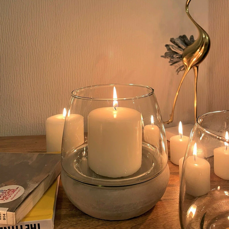 Hurricane Scandi Cement Base Glass Concrete 15cm Candle Tealight Holder