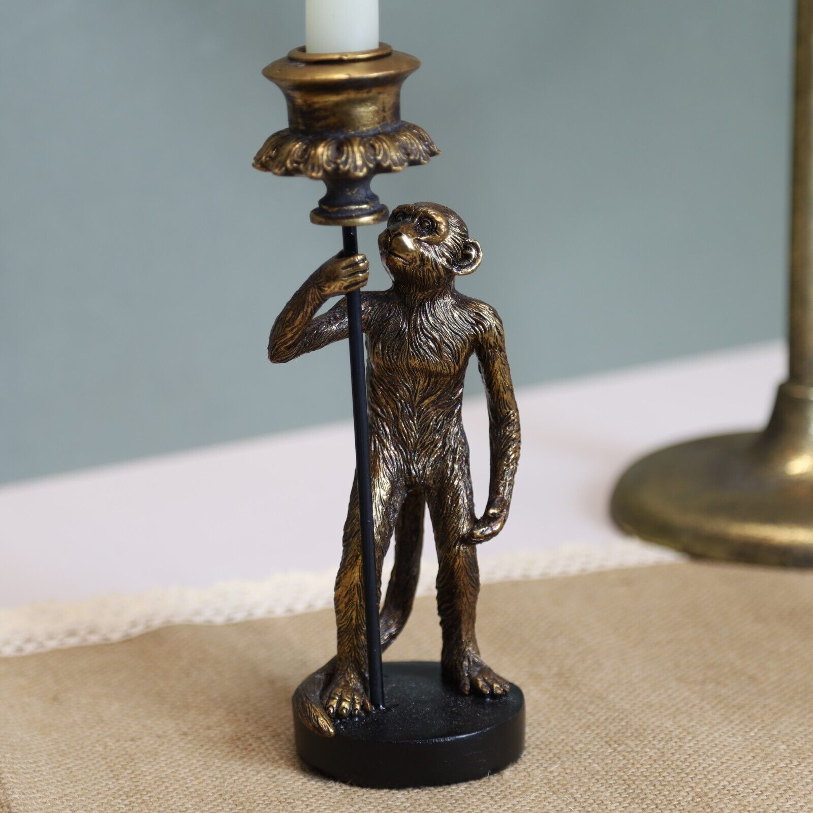24cm Antique Copper Resin Monkey Tapered Candle Stick Holder Animal Statue