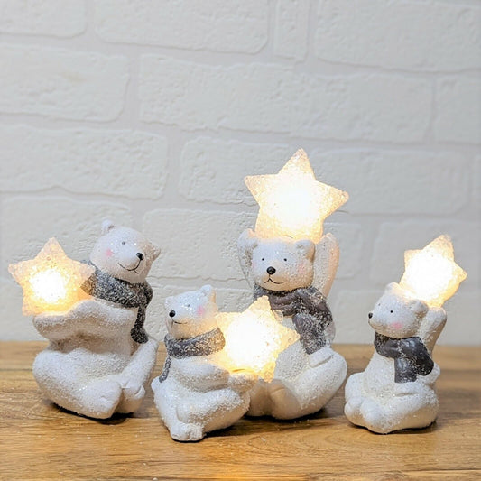 Christmas LED Polar Bear Light-Up Warm White Xmas Table Ornaments With Stars