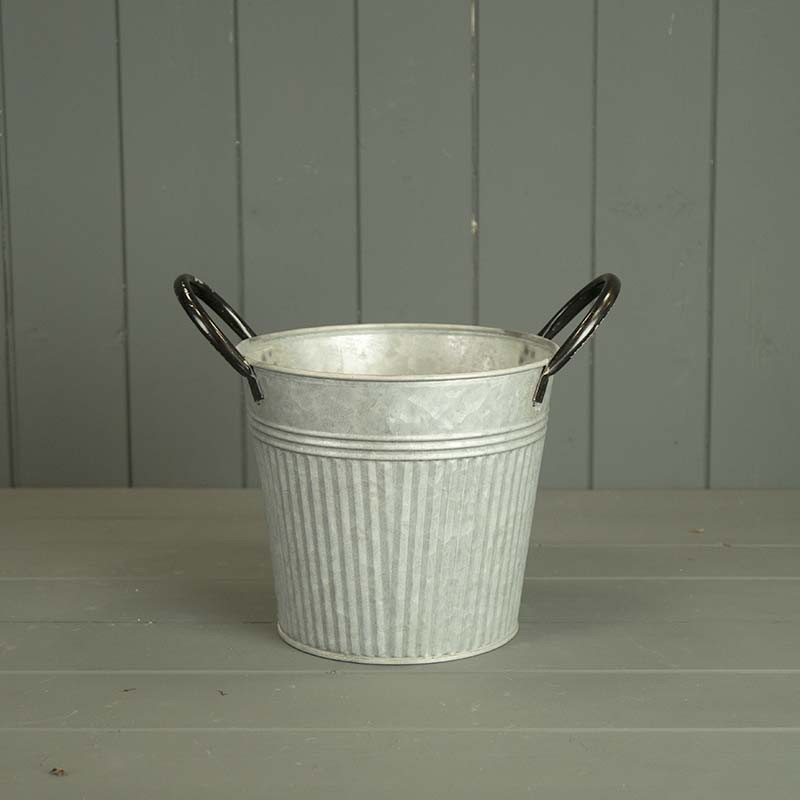 Round Metal Ribbed Bucket Zinc Planter 18cm Vintage Handles Garden Flower Pot