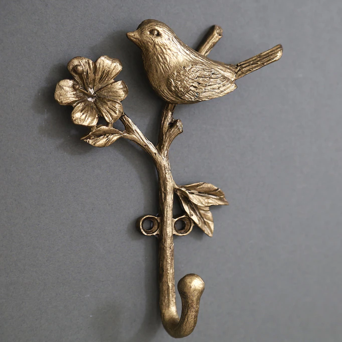 2Pc Metal Gold Wall Bird on Branch Hooks Coat Keys Hanger Rack Wall Mounted