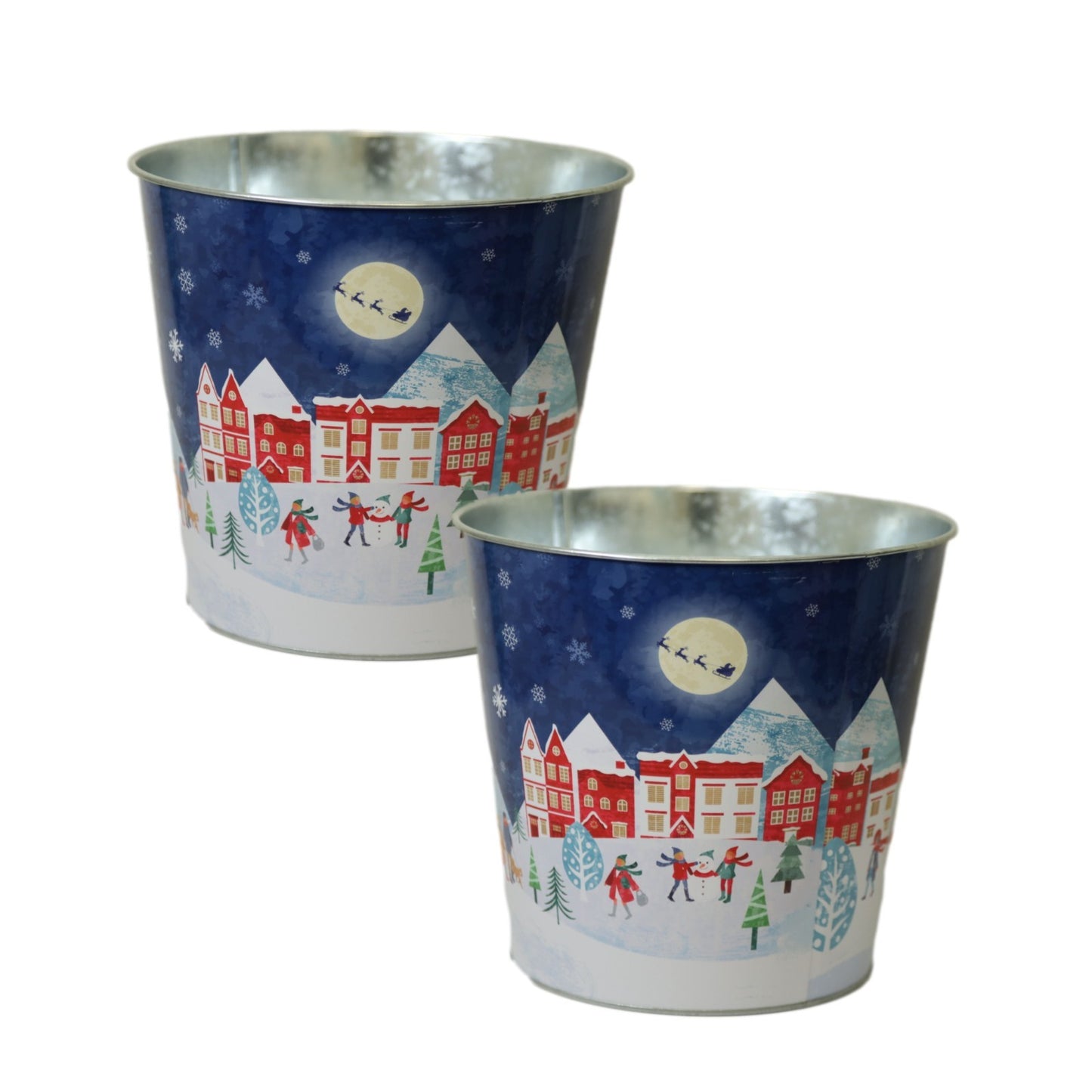 Zinc Blue Plant Pot 23cm Christmas Village Scene Pot Festive Xmas Planter Home