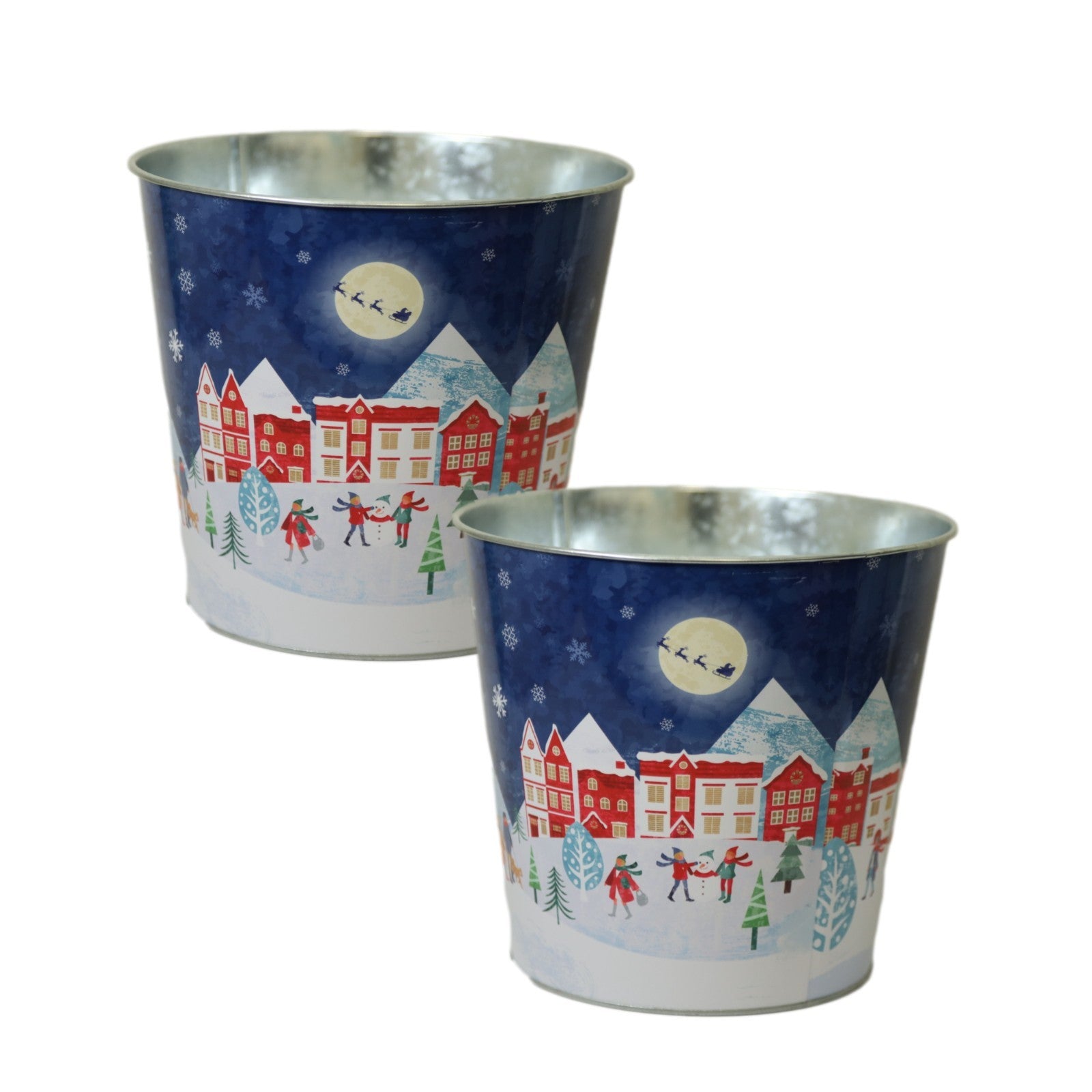 Zinc Blue Plant Pot 23cm Christmas Village Scene Pot Festive Xmas Planter Home