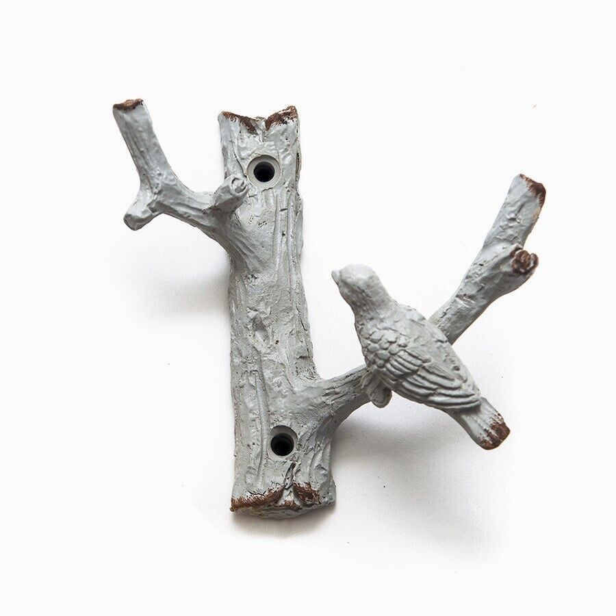 3PC Cast Iron Wall Bird on Branch 6 Hooks Coat Key Rack Metal Shabby Chic Grey