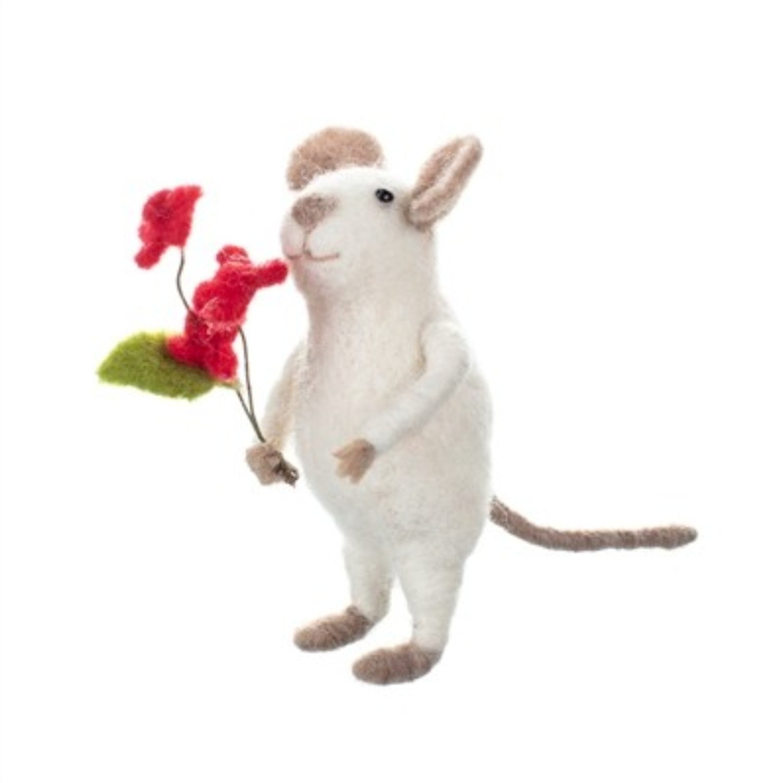Joe Felt White Mouse Shoeless Red Flowers Felt Wool Animal Ornament Figurine