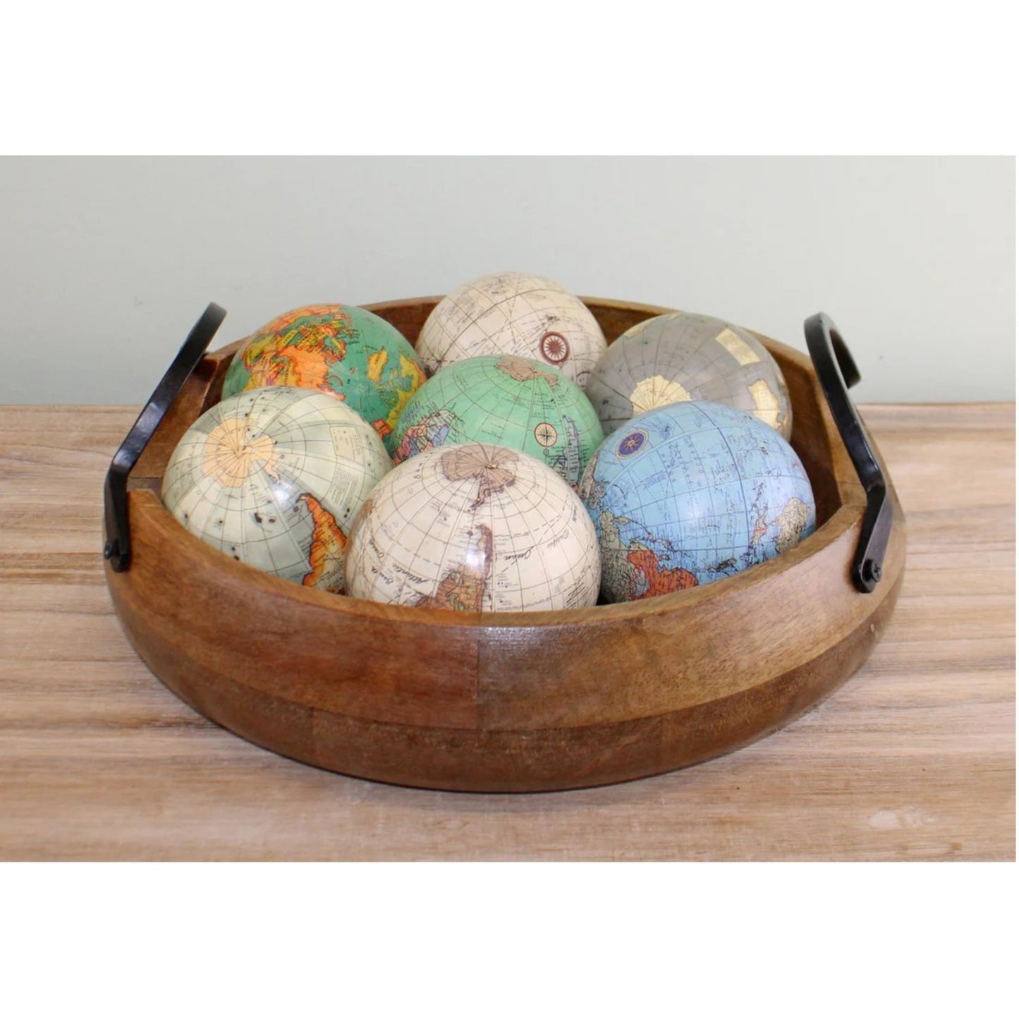 2Pc Wooden Display Bowls Mango Wood Bowls With Metal Handles Fruit Trinket Bowl