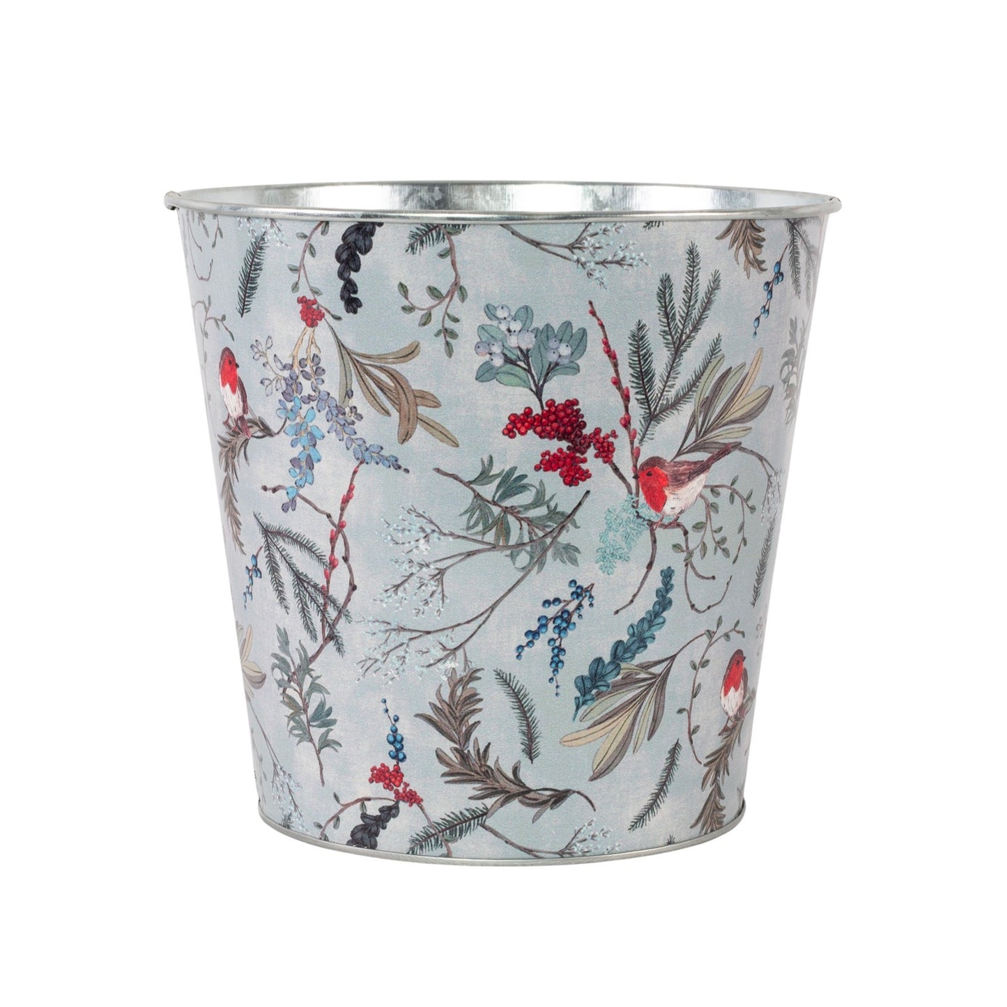 Tin Pail Robin Floral Plant Pot 16cm Christmas Metal Planter Xmas Bucket Home