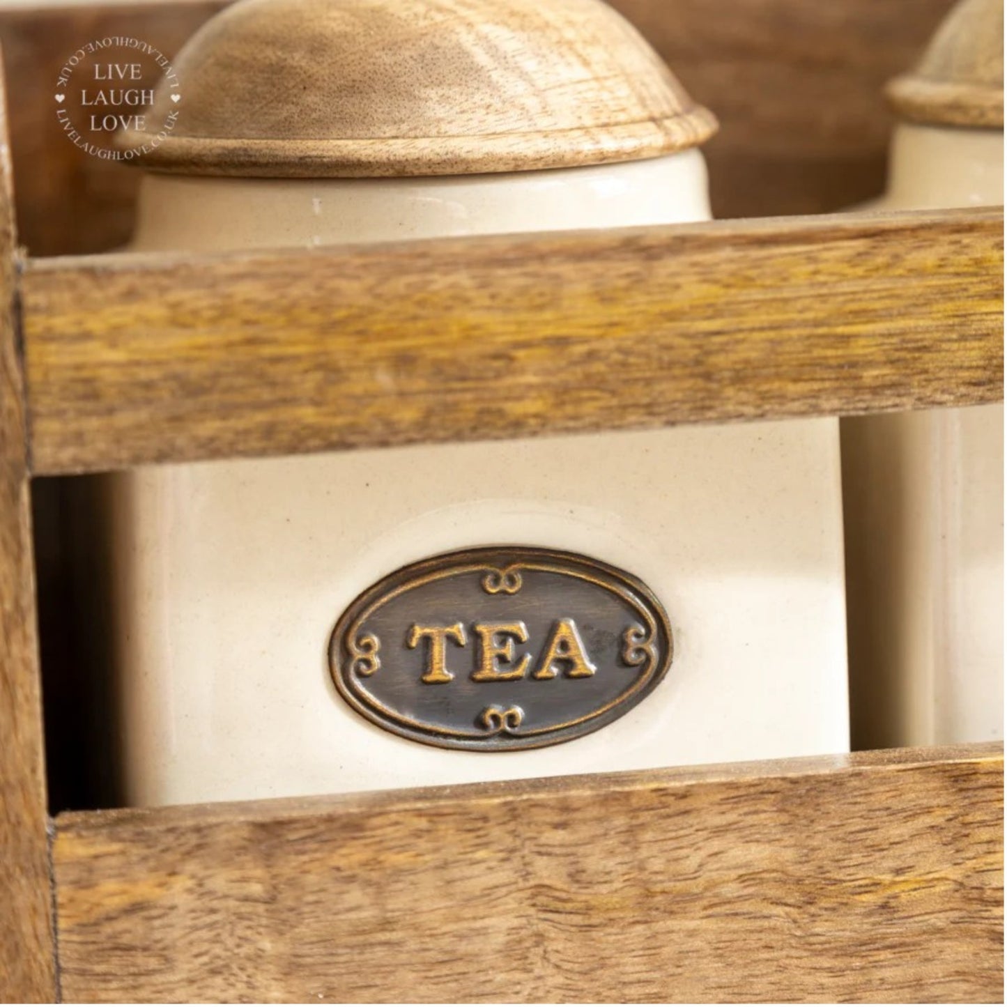 Rustic Wooden Kitchen Wall Rack 3 Ceramic Tea Coffee Sugar Jars Paper Roll Bar