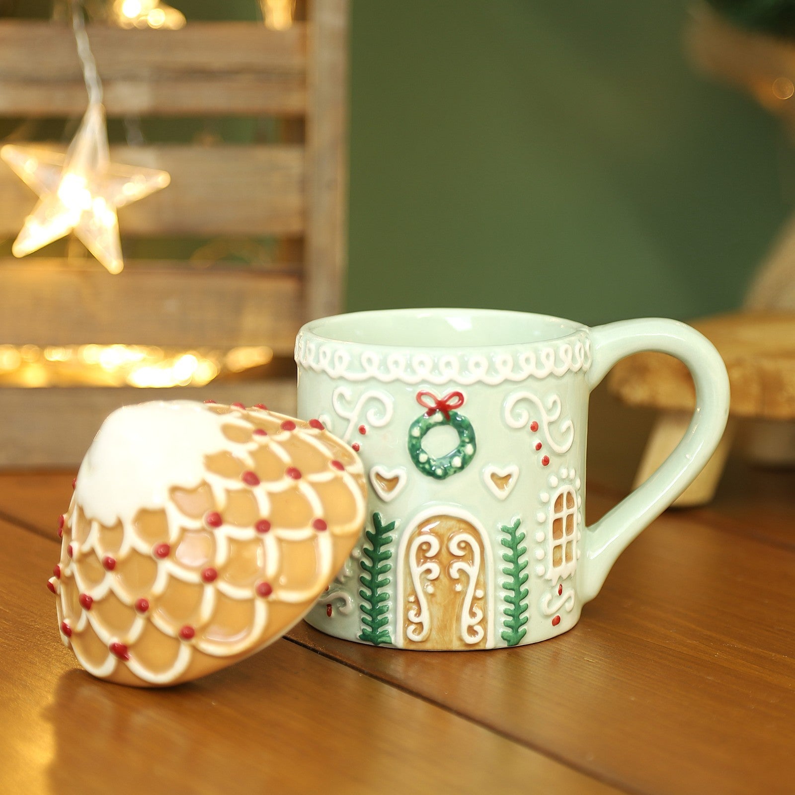 Gingerbread House Ceramic Mug with Lid Christmas Festive Cup Coffee Tea Drink