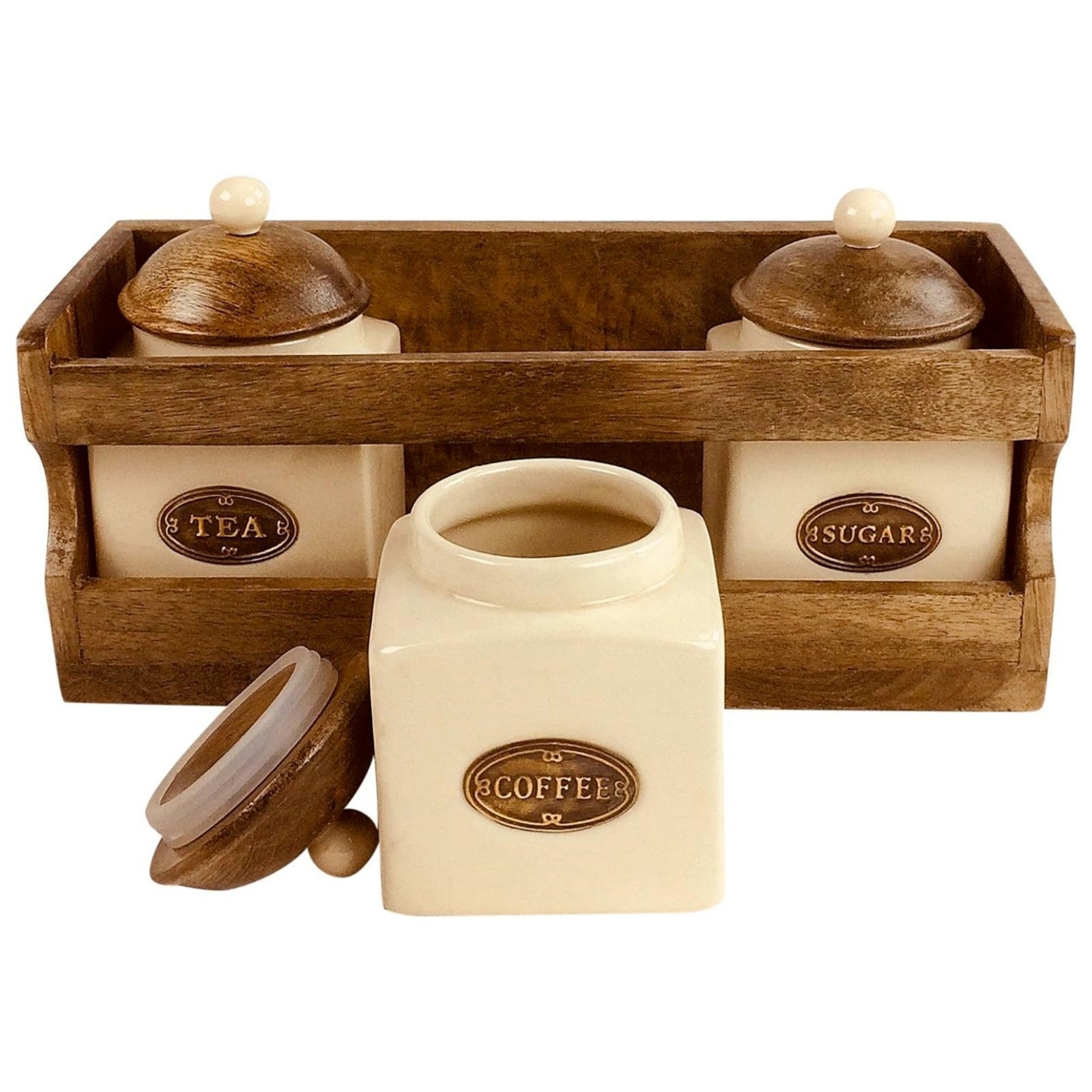 Ceramic Coffee Tea Sugar Jars Cream Airtight Lids Brown Wooden Rack Kitchen