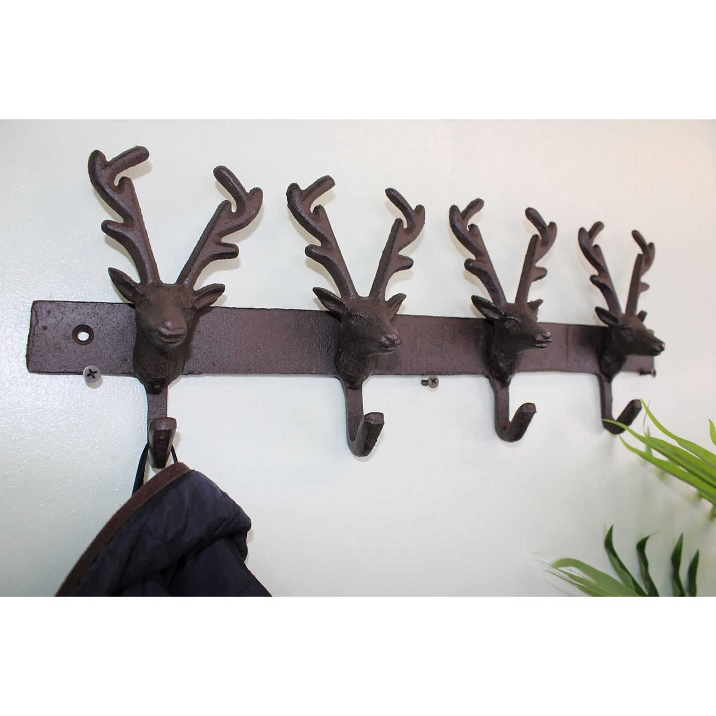 Brown Cast Iron Reindeer 4 Hooks Rustic Wall Hanging Coat Key Hat Antler Hook