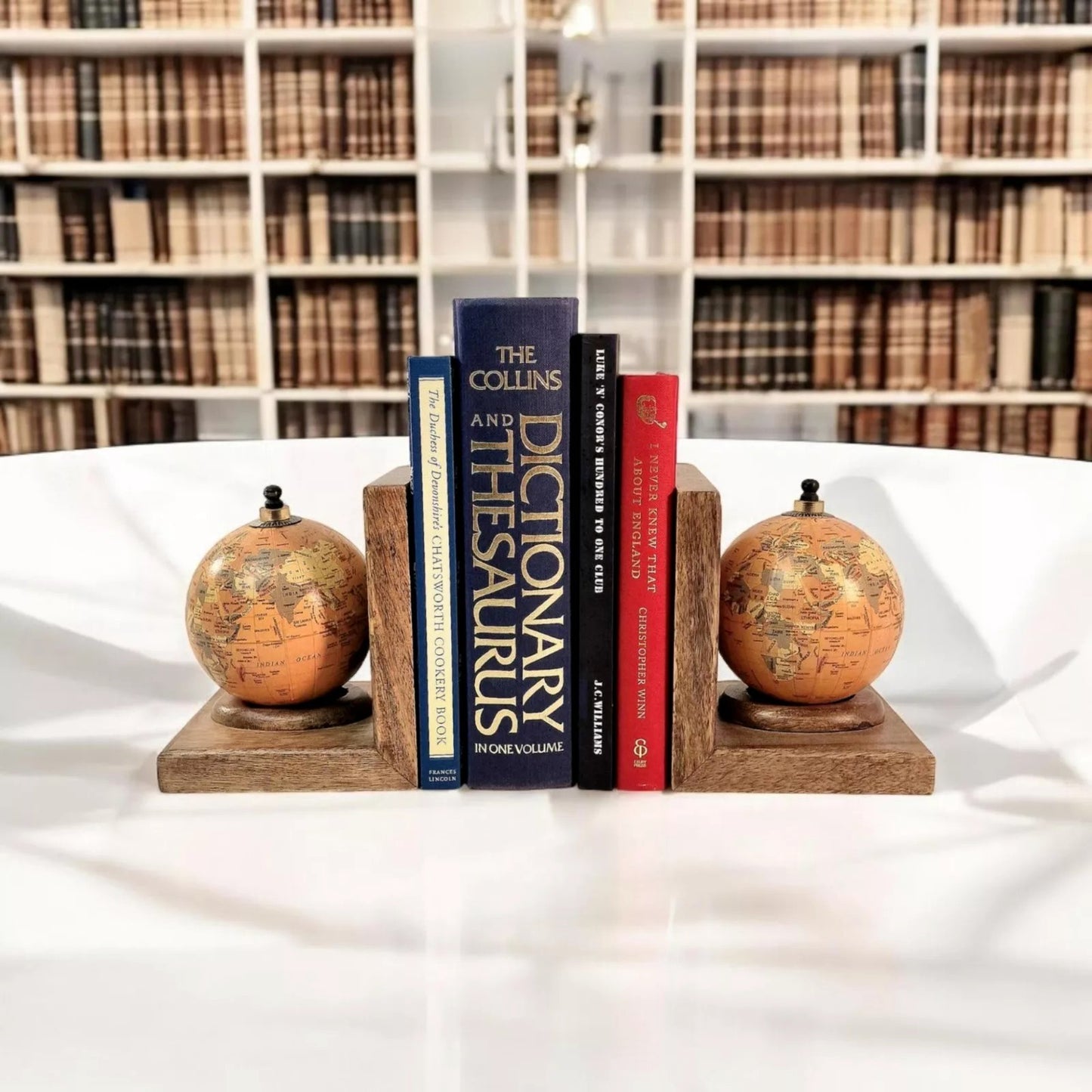 Mango Wooden Pair of World Globe Bookends Set Home Office Shelfsitter Stationery