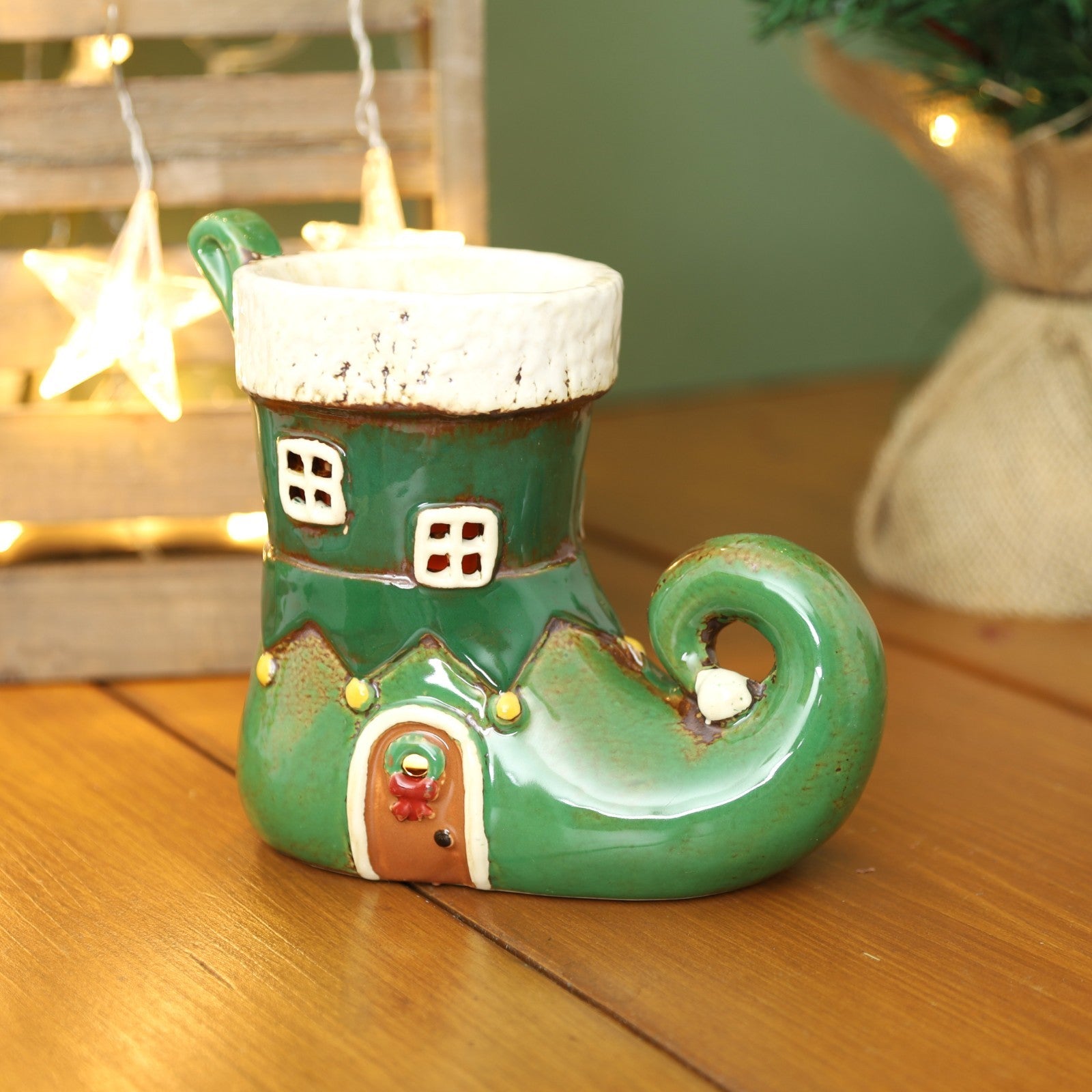 Ceramic Green Elf's Boot Wax Melt Burner Christmas Wax Warmer Xmas Ornament Gift