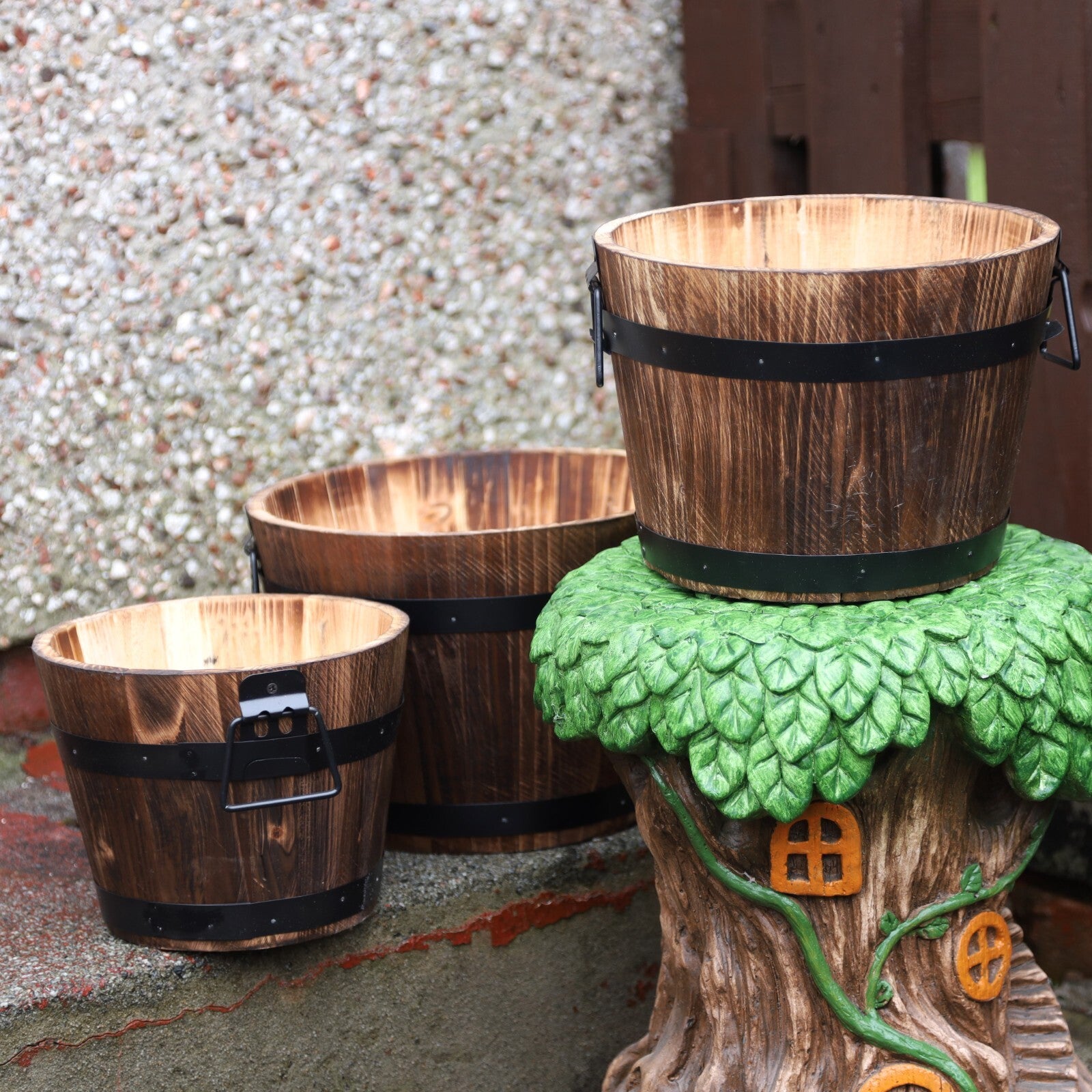 Round Wooden Barrel Planter 24cm Garden Pot with Metal Handles Band Outdoor Tub