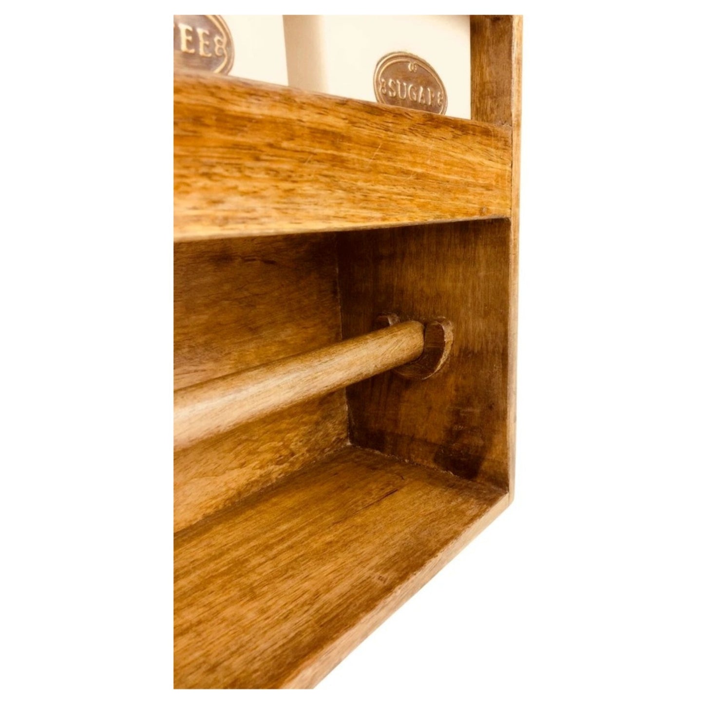 Rustic Wooden Kitchen Wall Rack 3 Ceramic Tea Coffee Sugar Jars Paper Roll Bar
