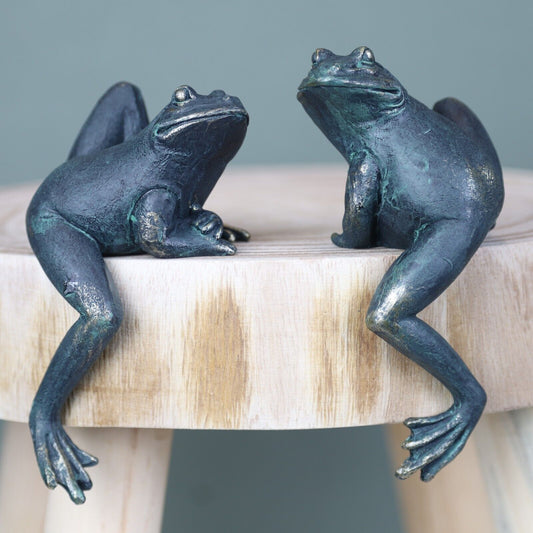2Pc Climbing Frogs Shelf Sitting Bronze Effect Resin Animal Sculptures Gift
