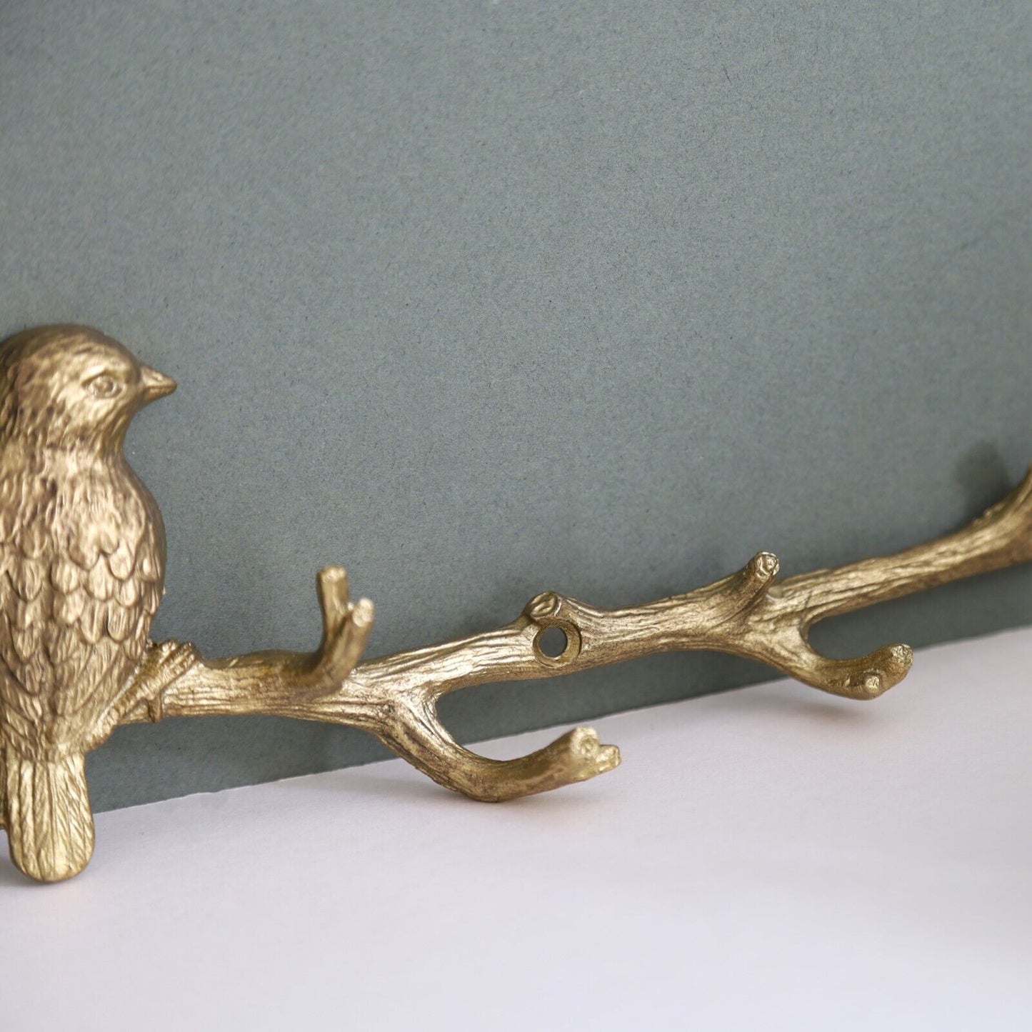 Gold Metal Wall Bird on Branch 6 Hooks Coat Key Hanger Rack Wall Mounted