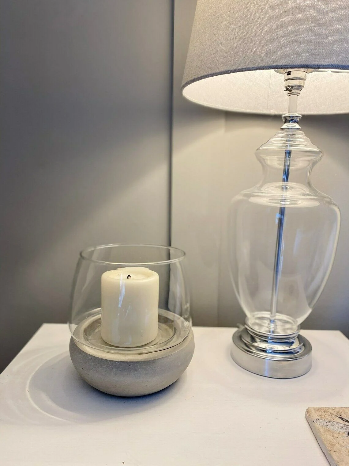 Hurricane Scandi Cement Base Glass Concrete 15cm Candle Tealight Holder