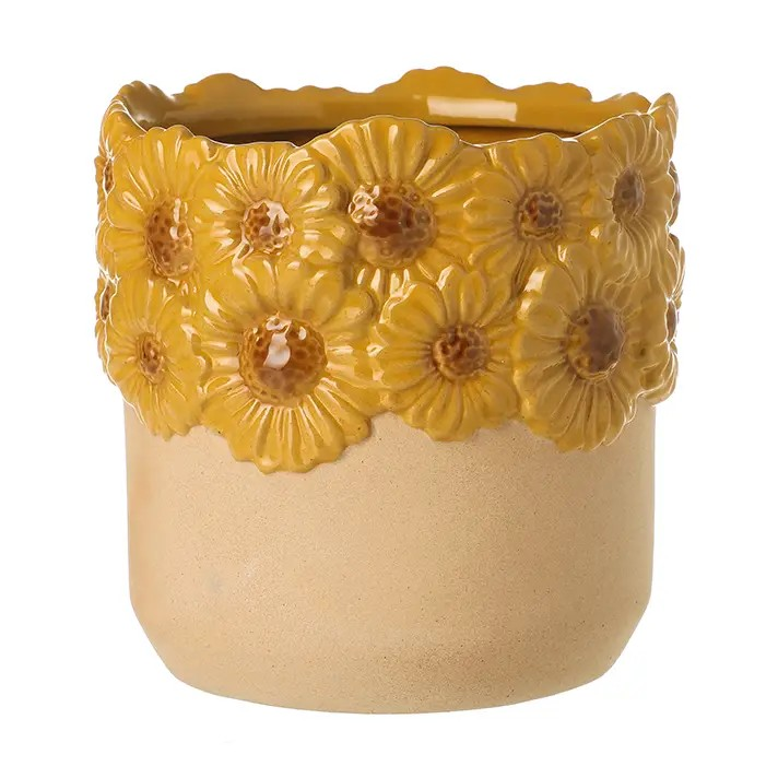 Ceramic Yellow Sunflower Plant Pot 13cm Flower Planter Indoor Round Cachepot