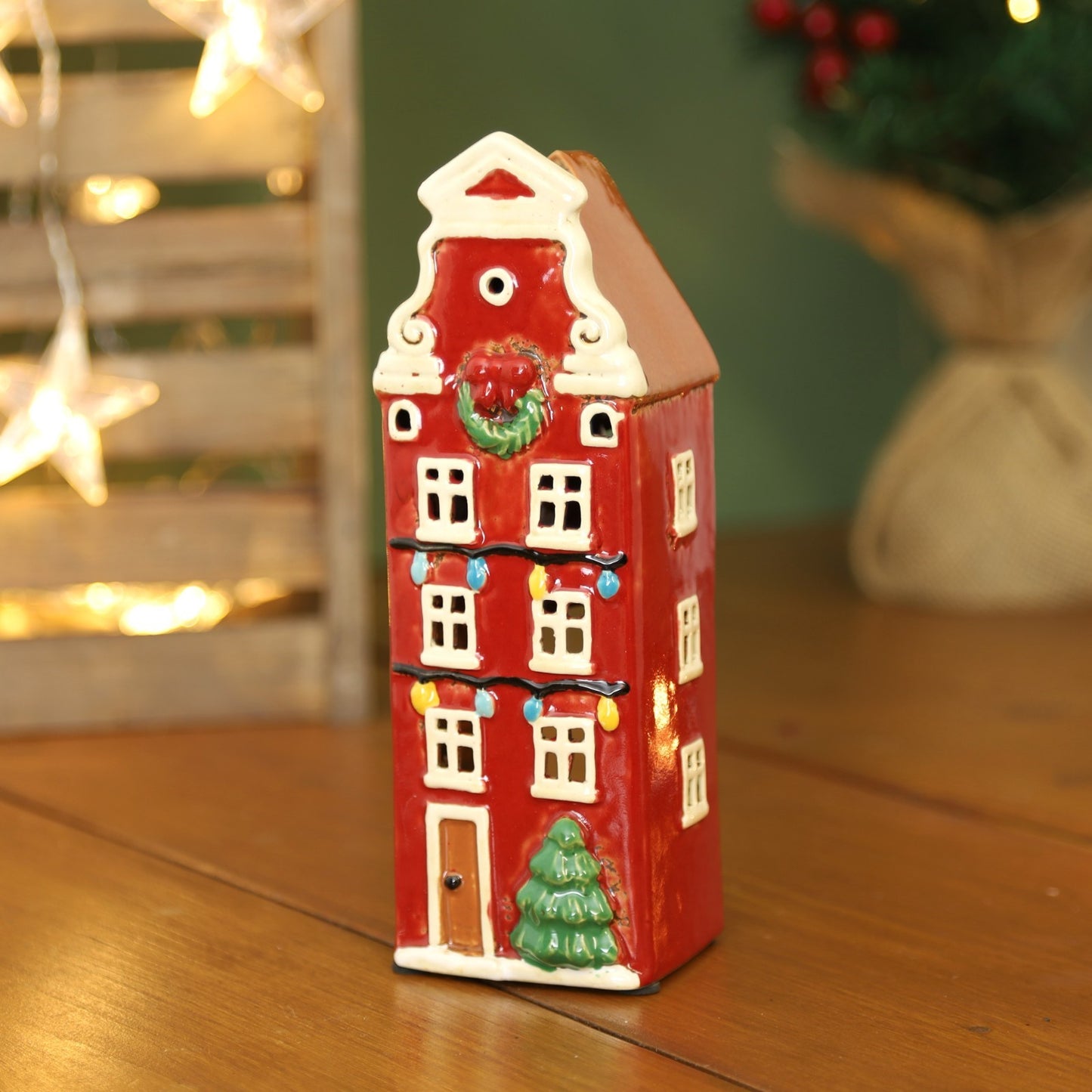 Ceramic Christmas Tealight Holder Cottage Village Scene Townhouse Xmas Ornament