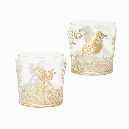 2Pc Rose Gold Glass Birds Candle Holders Metal Stars Vintage Whitewashed Decor