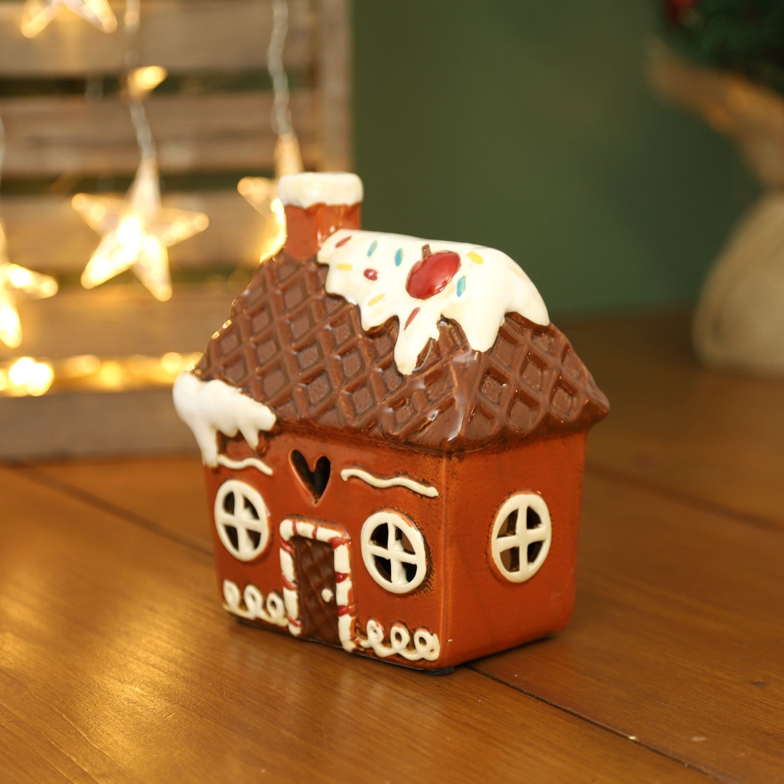 Ceramic Cottage Tealight Candle Holder Cottage House Village Scene Gingerbread