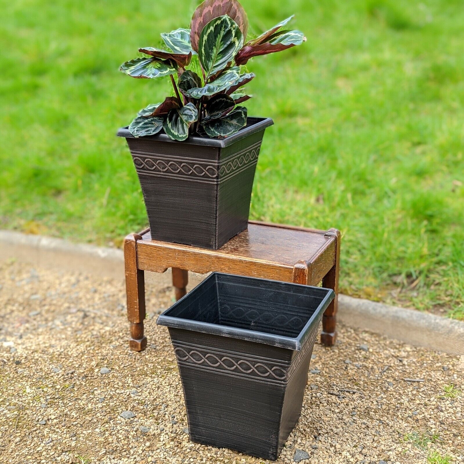 Square Planter Set of 2 Charcoal Black Plastic Plant Pot 16cm Rusty 9L Garden 