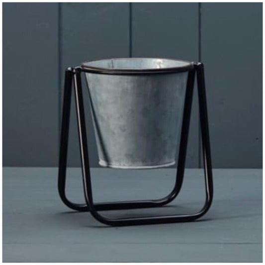Round Grey Windowsill Zinc Flower Pot wth Metal Stand 16cm Galvanised Plant Pot